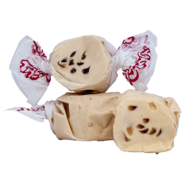 Taffy Town’s Chocolate Chip Cookie taffy candy, featuring creamy beige salt water taffy with real chocolate bits—soft, chewy, and packed with nostalgic flavor.